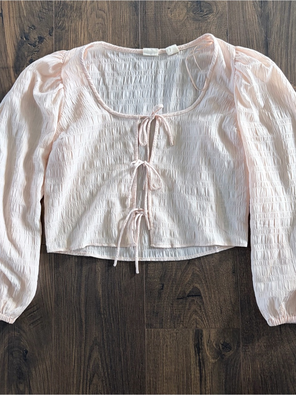 Pastel Pink Smocked Tie Front Boho Blouse Puff Sleeve Small - Picture 6 of 8
